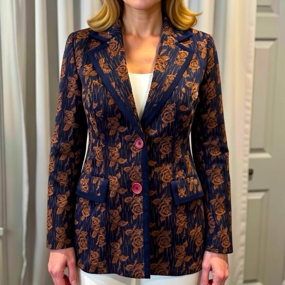 Vintage 70s Rose Pattern Navy Blue and Caramel Women's Jacket